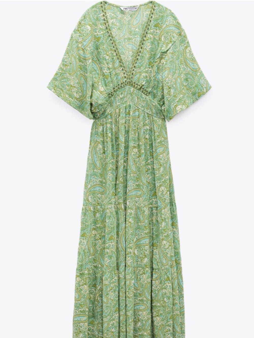 Zara Light Green Paisley V‑Neck Midi Dress